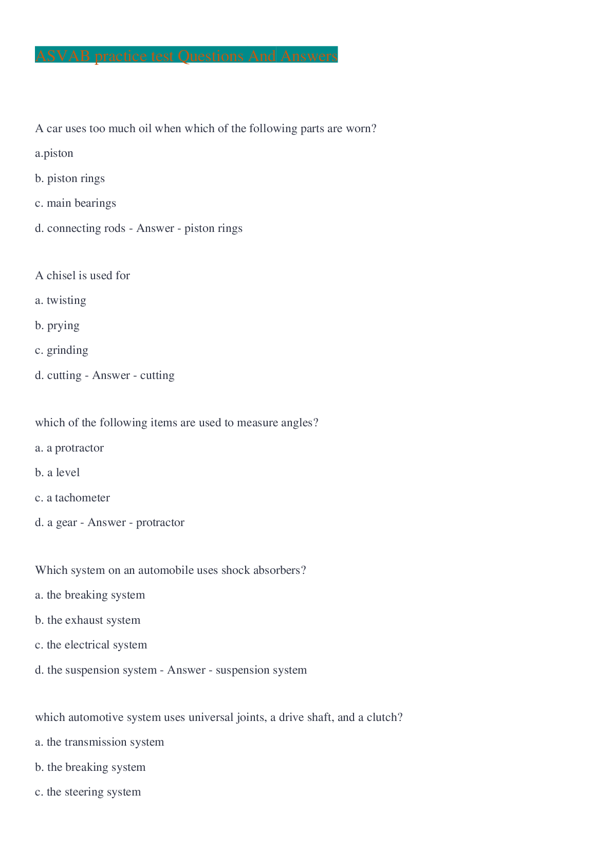 Preview image of ASVAB practice test Questions And Answers document
